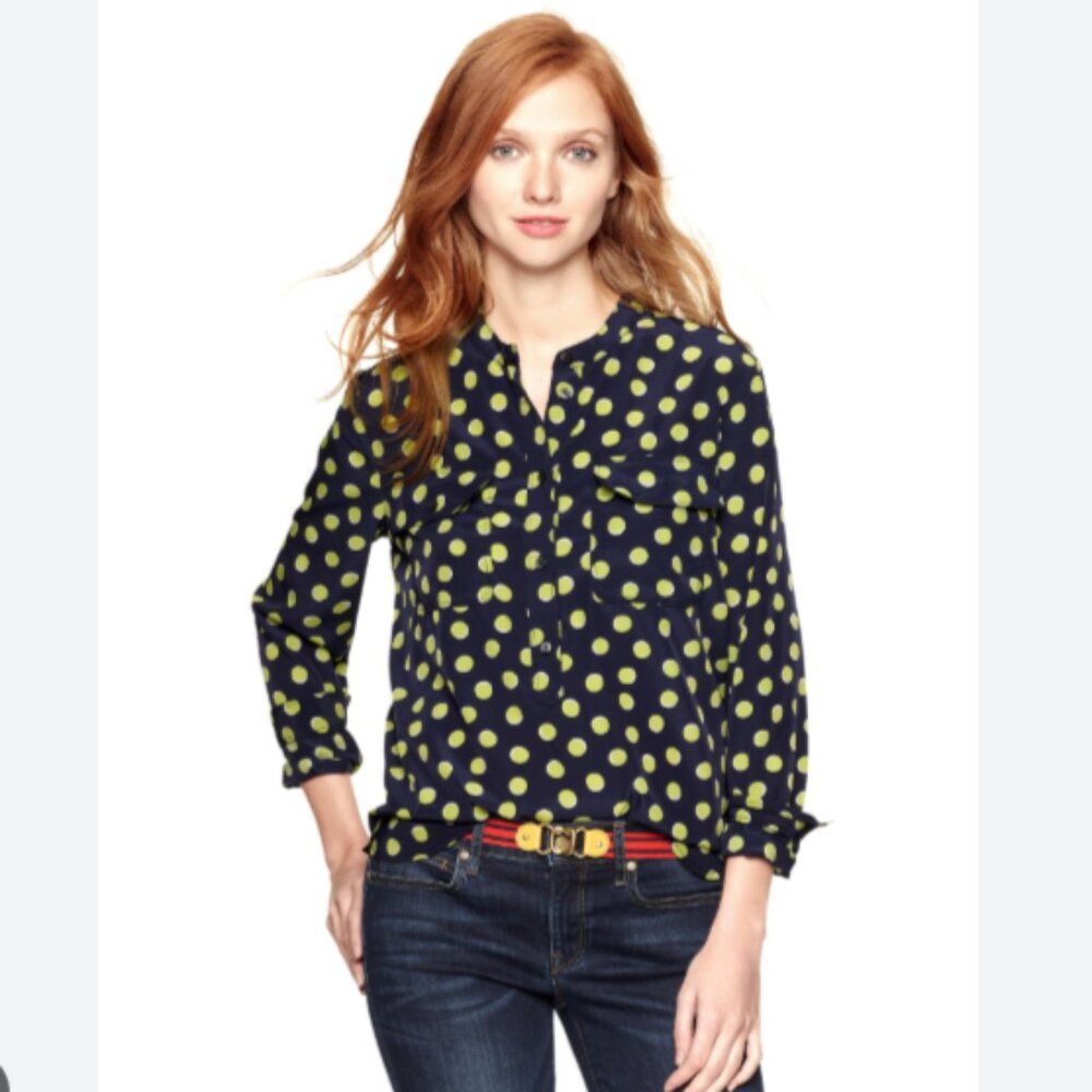 Gap Pocket Popover Shirt, Size Large, Navy Blue‎ Lime Green Dots, Relaxed Blousy